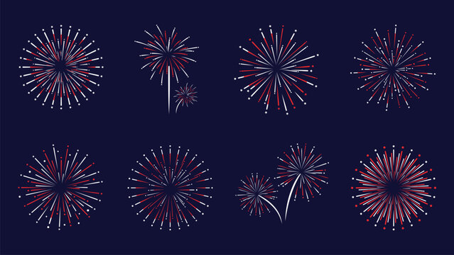 Festive Red and White Fireworks Vector Set on Dark Blue Background