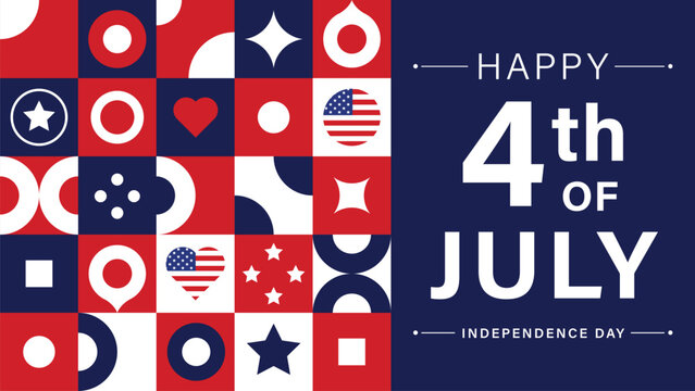 Modern 4th of July Graphic Design Featuring American Flag Colors, Stars, and Patriotic Symbols for Independence Day Celebration.