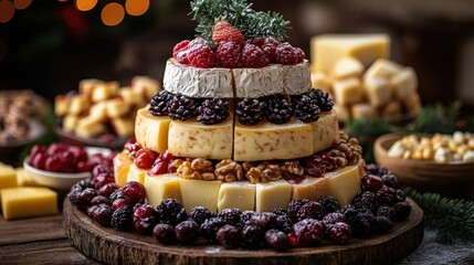 Cheese tree with berries and nuts on table with holiday lights