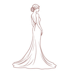 Woman in elegant wedding gown, line art illustration, for invitations