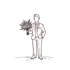 Man holding flowers, wedding attire, line art illustration, for invitations