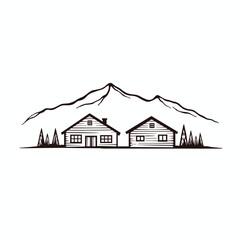 Mountain houses illustration, monochrome sketch, for branding