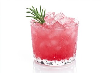 professional studio shot of a pink grapefruit cocktail with ice cubes and rosemary garnish, isolated
