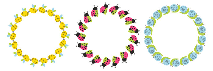 Vector summer frame with insects. Colorful frames with snail, flower, ladybug, caterpillar, bee, dragonfly. Clean, bright design. Isolated.