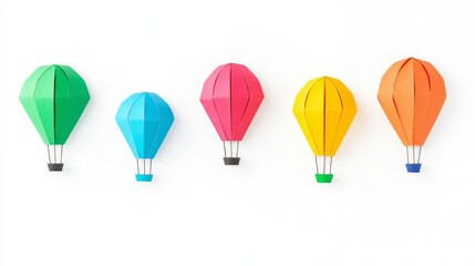 Vibrant and colorful paper hot air balloons arranged in a row, symbolizing joy and adventure for creative projects.