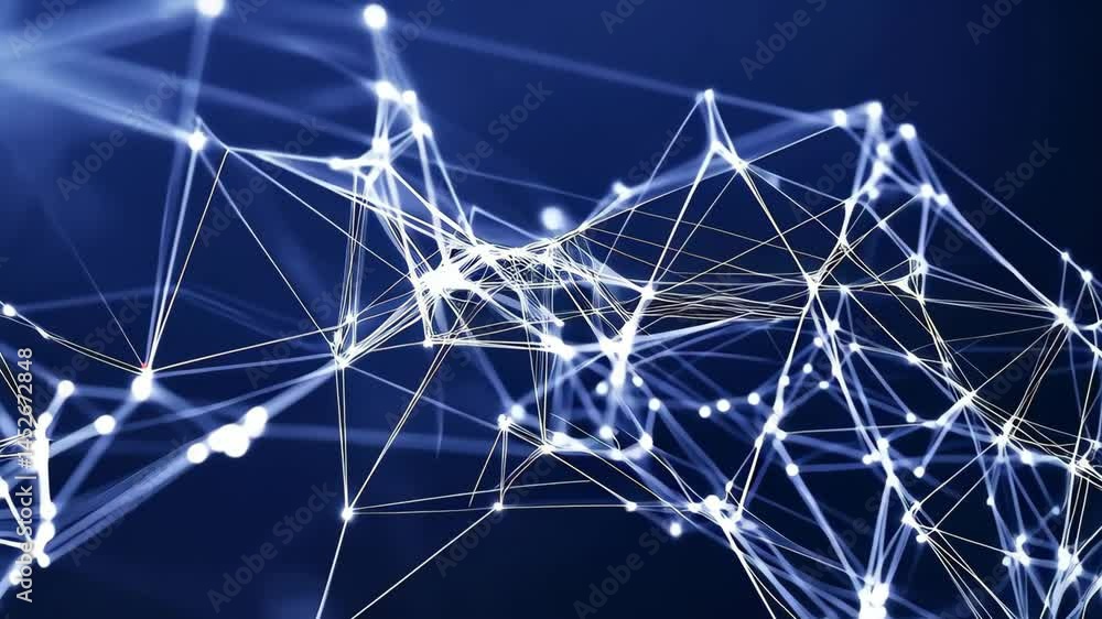 Poster abstract blue network formation with connecting nodes representing digital communication or a comple