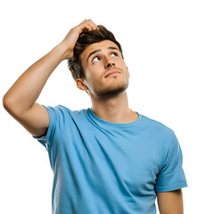 Thoughtful Man in Blue Shirt Looking Up on Transparent Background