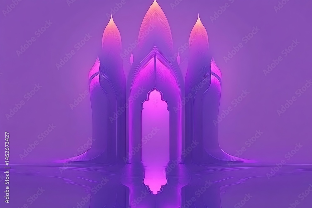 Poster ethereal purple architecture glowing mystical passage with reflections abstract design for backgroun