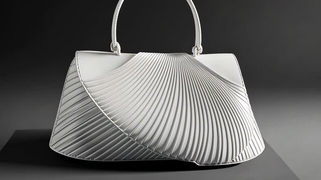 A 3D printed white handbag with textured surface on a dark background. A custom designed fashion accessory.	