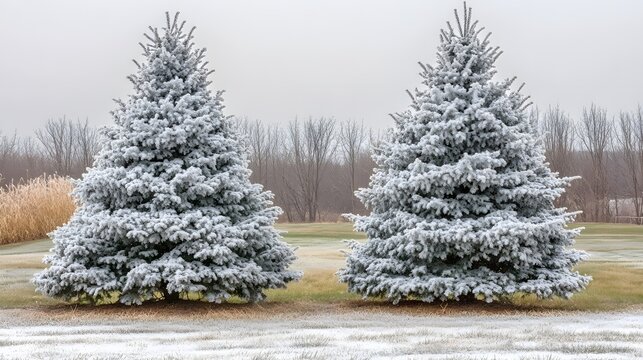 Two Frosty Blue Spruce Trees Winter Landscape