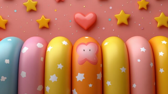 Colorful, cartoonish shapes, stars, and a heart on a pastel background