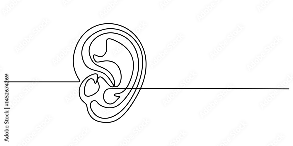 Poster ear continuous one line art drawing of isolated outline vector illustration, human ear one continuou