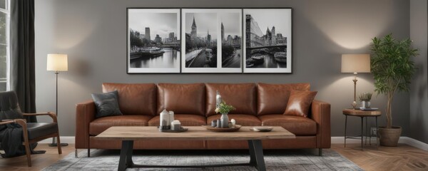 Elegant brown leather couch, wooden dining table, black & white photos adorn grey wall  Chic living space , home decor, decor
