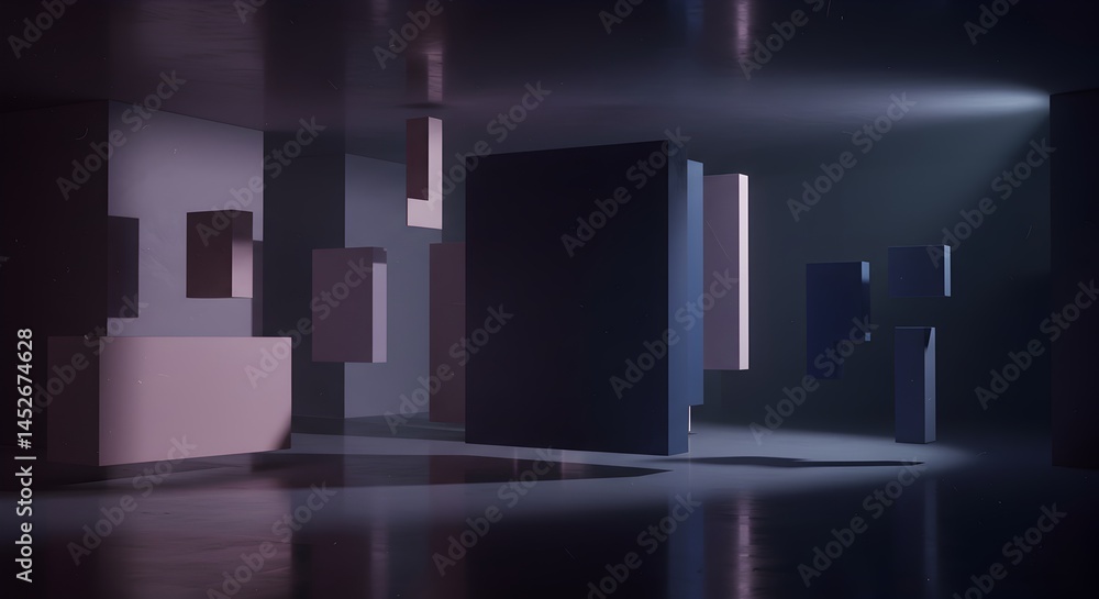 Aufkleber abstract 3d rendering floating geometric shapes in a dark, reflective room