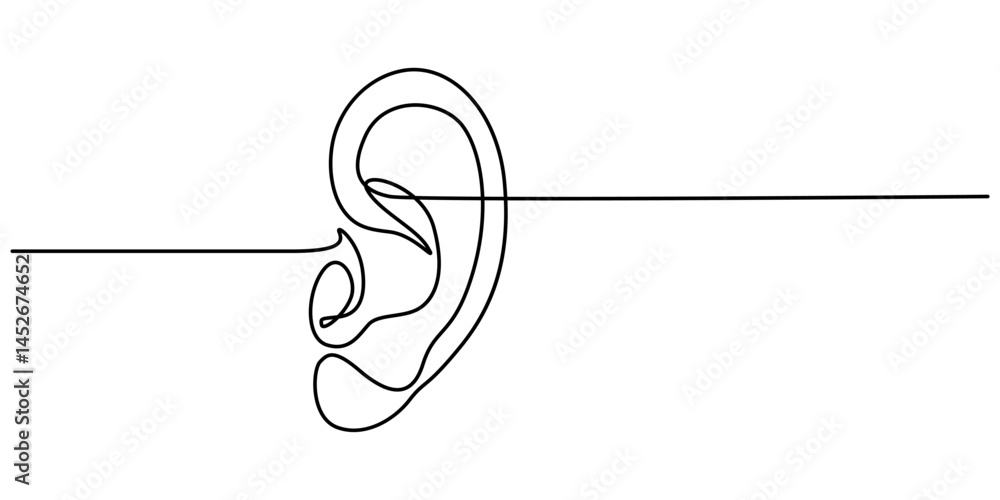 Poster ear continuous one line art drawing of isolated outline vector illustration, human ear one continuou