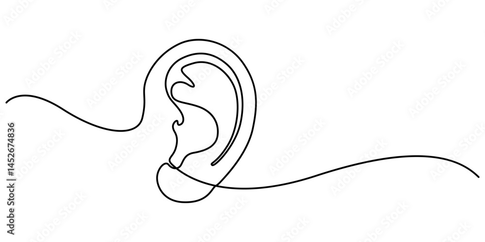 Poster ear continuous one line art drawing of isolated outline vector illustration, human ear one continuou