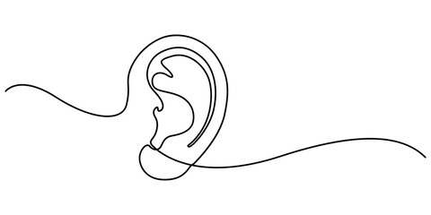 Obraz premium Ear continuous one line art drawing of isolated outline vector illustration, Human ear one continuous line . Single line editable vector drawing of the hearing part of the body. Concept of the World