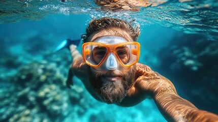 Naklejka premium Bearded man snorkeling over coral reef in clear blue ocean