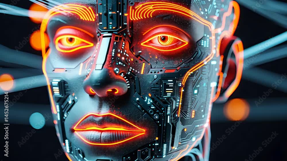 Poster futuristic cybernetic face with glowing lines and intricate electronic circuits, showcasing advanced