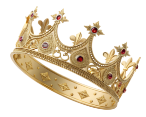 Close up of a golden crown decorated with red jewels and intricate designs on a black background