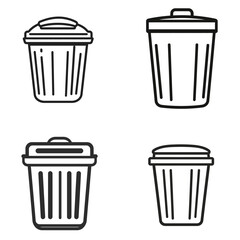 Four Trash Bin Icons, Simple Black Outline, Lid Variations, Transparent Background