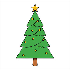 A festive green Christmas tree adorned with a bright star and colorful holiday balls, a perfect vector illustration for the winter season's merry celebration