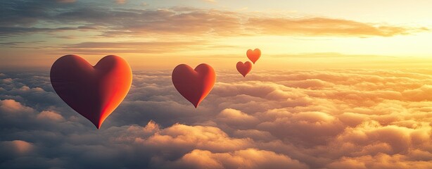 Fototapeta premium Three red hearts are flying in the sky