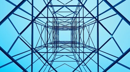 Obraz premium A geometric perspective view of a modern steel structure against a clear blue sky.