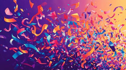 Vibrant confetti explosion, multicolored ribbons and fragments.  Symbolizes celebration, joy, festivity, ideal for party invitations or celebratory designs