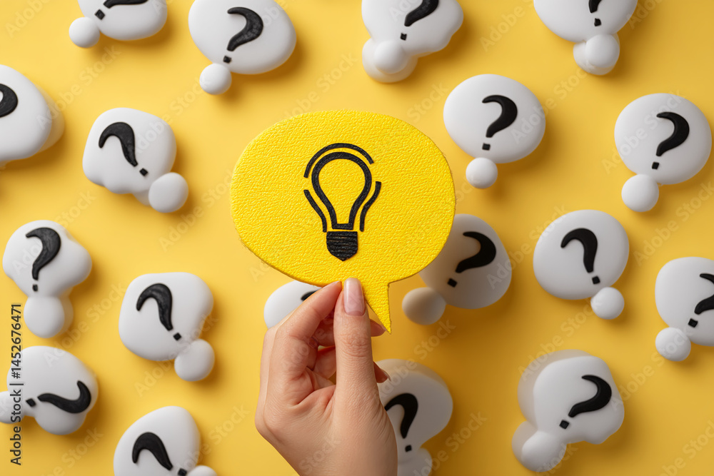 Poster yellow speech bubble with lightbulb icon held against background of white question mark speech bubbl