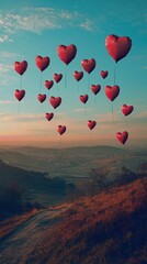 Fototapeta premium A beautiful landscape with a large number of red balloons floating in the sky