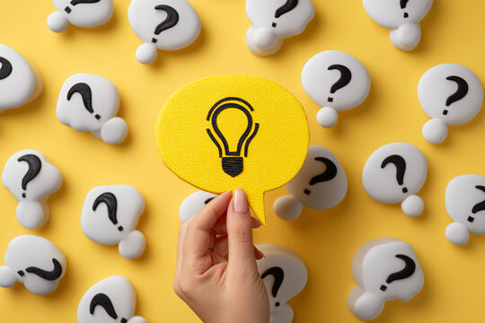 Yellow speech bubble with lightbulb icon held against background of white question mark speech bubbles, symbolizing finding answers and solutions to problems