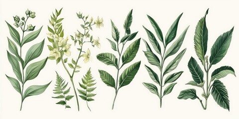 Fototapeta premium Classic botany illustration of tropical plants in green and cream tones