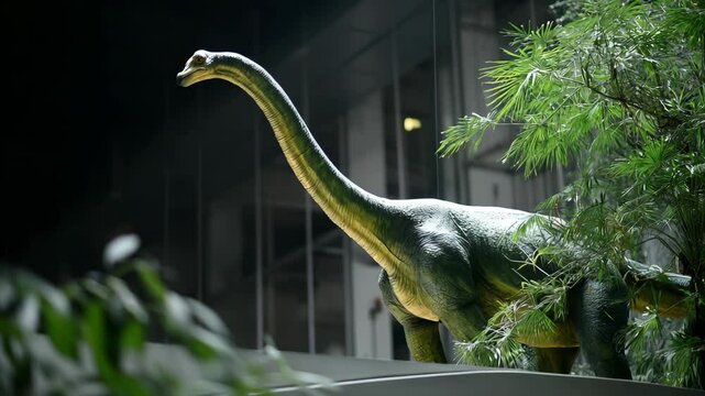 Dramatic low angle of a long neck dinosaur exhibit in a dark space featuring realistic scale, plants, green color, and prehistoric creature details