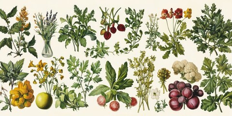 Classic illustrated food chart with edible plants and ornamental florals