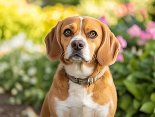 Realistic Beagle Dog Sitting in Sunny Spring Park with Flowers