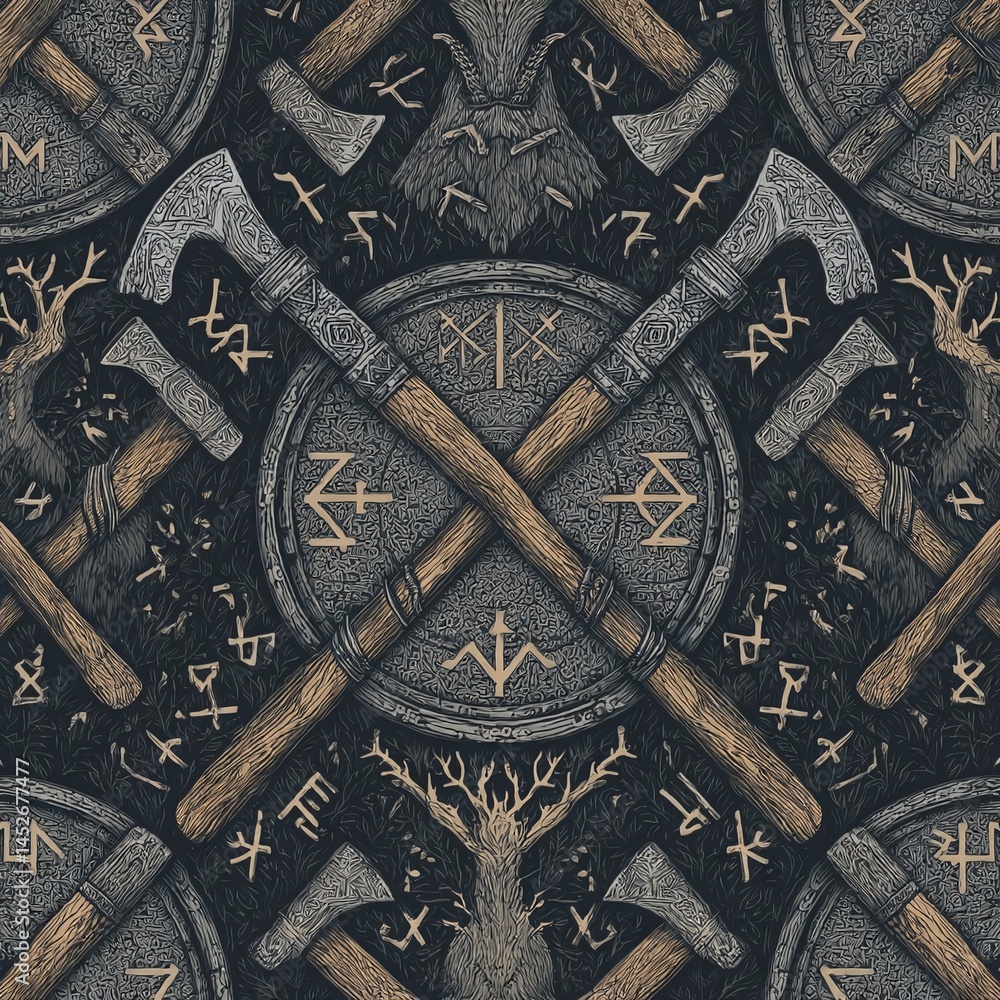 Poster intricate design featuring crossed axes and ancient symbols on a textured background