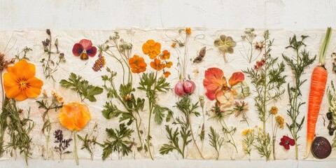 Collage-style botanical display with pressed flowers and drawn vegetables