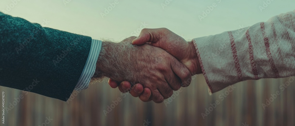 Poster global harmony unveiled intercultural business dialogue - transformative sunset handshake bridging t