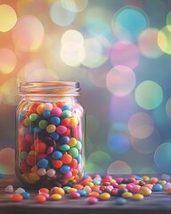 A jar full of colorful candies is placed on a wooden table