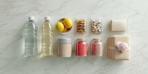 Minimalist Emergency Preparedness Flat Lay Clean Design Meets Survival Essentials - Modern Urban Resilience Kit with Sustainable Water, Nutrition and Wellness Solutions