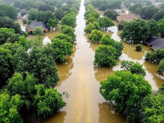 Climate Crisis Visualization Aerial Drone Footage of Extreme Weather Impact - Residential Flood Zones Revealing Urgent Environmental Transformation Narrative