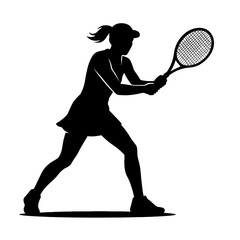 Female tennis player swinging racket in motion, silhouette style  