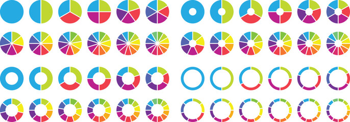 Circle pie chart diagram. Pie chart color icons. 1,2,3,4,56,7,8,9,10,11,12 segment infographic. Wheel round diagram part symbol. Colorful diagram collection. Circle section graph. Vector illustration
