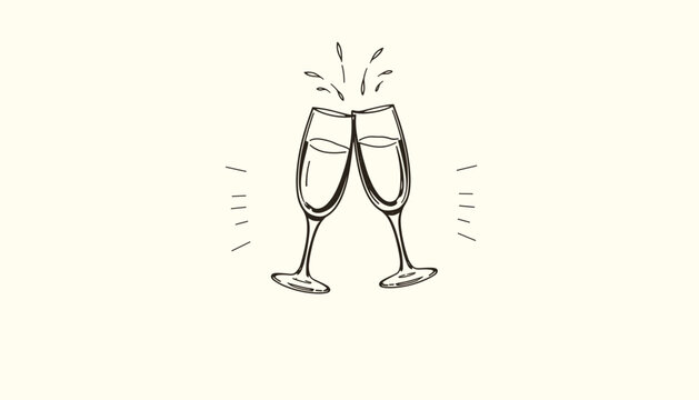 A minimalist line illustration of two champagne glasses clinking together, with splashes and celebratory elements