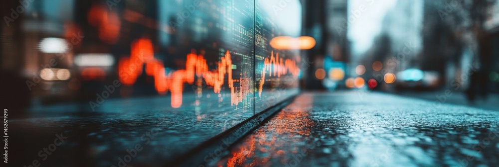 Poster Dynamic Financial Visualization Urban Market Analytics with Blurred Cityscape - AI-Driven Economic Forecasting and Real-Time Data Visualization for Digital Investment Strategies