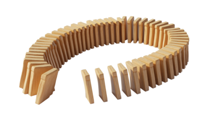 Wooden domino effect in motion, a chain reaction on a dark contrasting background