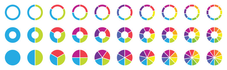 Fototapeta premium Pie chart set. Circle section graphs. Pie chart divided 1,2,3,4,5,6,7,8,9,10, equal parts. Colorful circle graph. Wheel round diagram part symbol, Vector illustration 