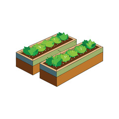 Raised garden beds vector illustration, elevated planting boxes for backyard gardening, agriculture and eco farming