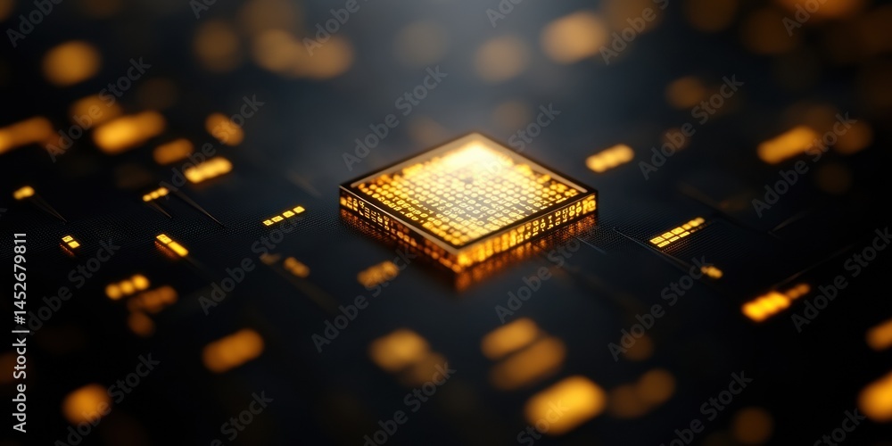 Poster Quantum Computational Core Next-Gen AI Semiconductor Innovation Visualizing Advanced Microchip Technology with Golden Illumination for Future Digital Infrastructure